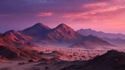 Naklejka premium Beautiful mountain range landscape at sunset with pink and purple sky nature scenic view wallpaper background