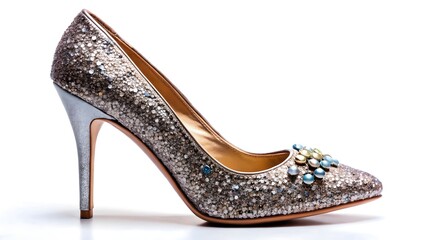 Obraz premium Embellished High Heel Shoe with Sparkling Rhinestones and Gems on a White Background