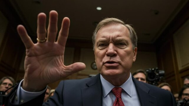 Middle-aged Caucasian male in formal attire expressing frustration during a heated legislative hearing, emphasizing urgency through gesturing and vocal intensity.