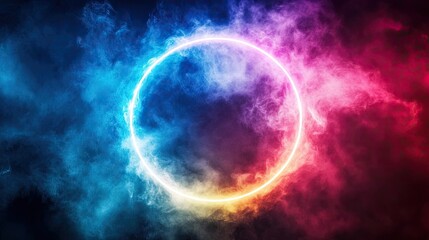 Fototapeta premium Colorful neon circle framed by smoky background.