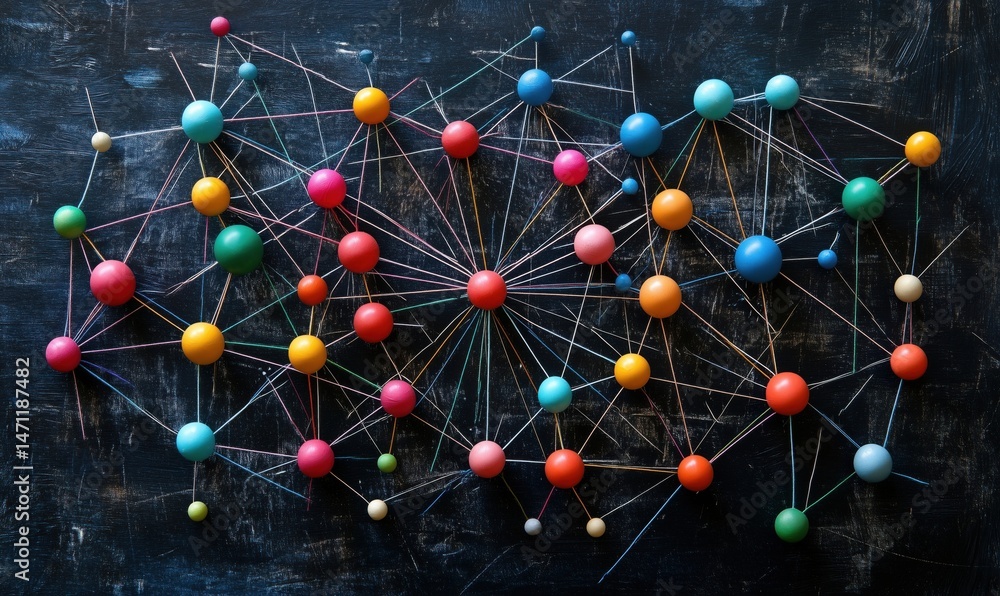 Poster colorful network of interconnected nodes and lines representing data relationships