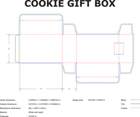 Detailed blueprint of a cookie gift box packaging with dimensions and specifications for manufacturing.