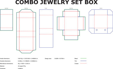 Technical drawing of a combination jewelry set box illustrating die cut patterns and dimensions details