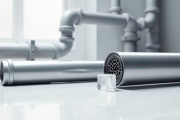 Modern metallic pipes and a single ice cube on a reflective surface