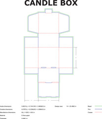 Detailed vector illustration showcasing the die-cut template for a candle box packaging design with dimensions and material details