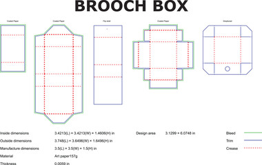 Detailed blueprint design showcasing various packaging templates for brooches including dimensions and material specifications