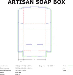 Vector illustration of an artisan soap box template layout design featuring detailed dimensions for packaging.