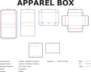 Apparel box packaging template with different styles and detailed dimensions for clothing display and retail purposes