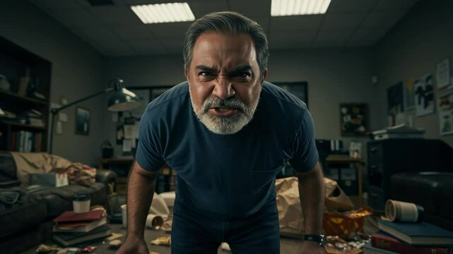 Frustrated Middle-Aged Man with Gray Beard Shouting in a Messy Office Space Surrounded by Disarray and Papers