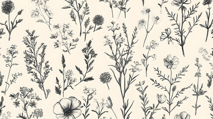 Seamless Pattern of Hand-Drawn Wildflowers and Herbs in Vintage Ink Style.