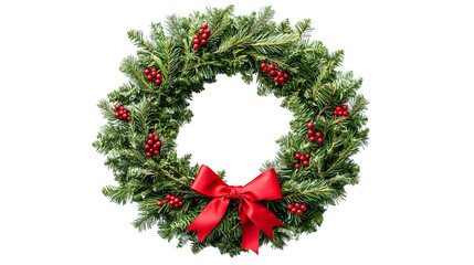 A realistic image of a wreath made of evergreen branches with red berries and a bow, isolated on white background