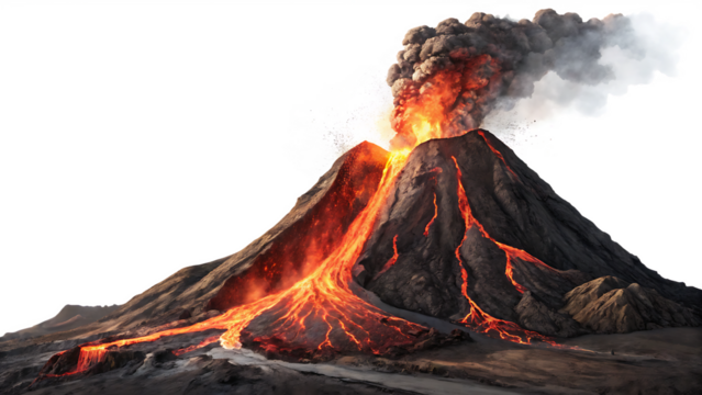 A realistic volcano erupting with lava isolated on white background
