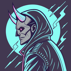 Cyberpunk devil icon with glitch effects and chrome textures