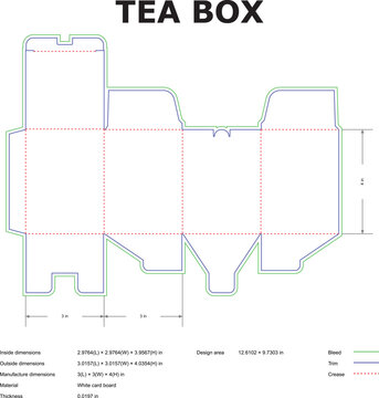 Detailed diagram of a tea box packaging template showing dimensions and structural design for manufacturing