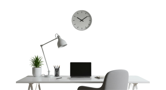 Minimalist workspace aesthetic desk lamp  clock