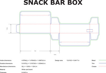 Detailed blueprint for a snack bar box packaging design including dimensions and specifications for production.