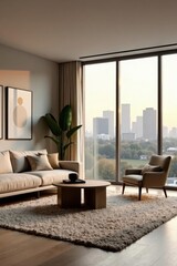 Fototapeta premium Serene Apartment Living Room with Expansive Window View Showcasing City Skyline at Sunset