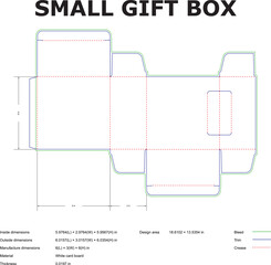 Detailed schematic blueprint of a small gift box template with precise dimensions and bleed lines