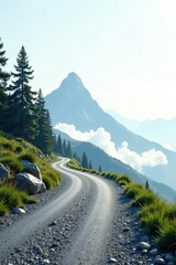 Fototapeta premium Serene Mountain Road Winding Through Verdant Hills Towards Majestic Peaks Under a Soft Sky