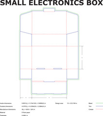 Detailed vector diagram of a small electronics box design with dimensions for packaging manufacturing