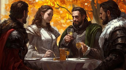 Obraz premium Fantasy world gathering socializing among friends in autumn digital art vibrant environment intimate viewpoint