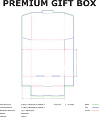 Detailed vector outline of a premium gift box packaging with dimensions and cut lines for easy assembly and design