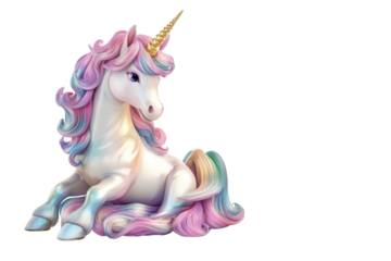 Colorful cartoon unicorn with flowing mane resting gracefully in a magical fantasy setting on transparent background