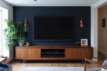 Low TV cabinet against a dark navy blue accent wall. Contemporary media room.