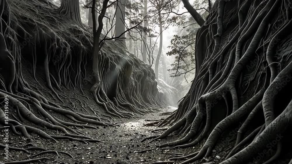 Aufkleber mysterious forest path with ancient roots illuminated by light