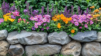 Lush springtime flower border with a natural rock backdrop in daylight  