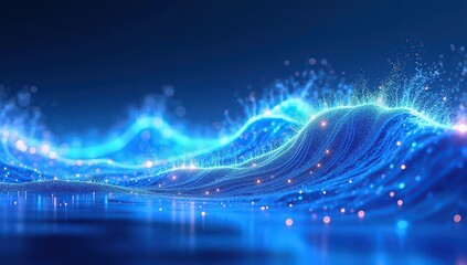 Vibrant Swirling Wave of Digital Energy: Glowing Particles Flowing Across a Futuristic Blue Gradient Background in a Cyberpunk-Inspired Atmosphere