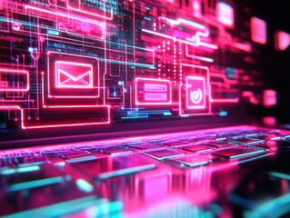 Obraz premium Glowing neon circuit board laptop screen