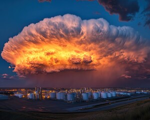 Fiery clouds over refinery at sunset