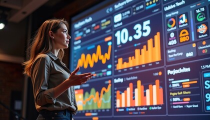 Engaging Female Presenter Showcasing Data Trends on Large Screen in Modern Tech Environment