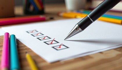 Artistic Composition Featuring Checklist with Marked Item and Colorful Stationery on Wooden Workspace