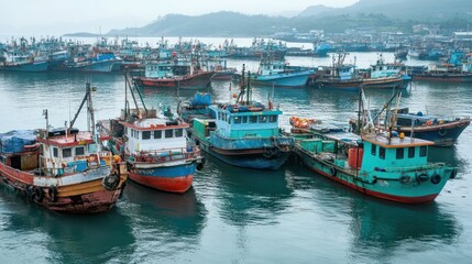 A multitude of colorful fishing vessels in a harbor.