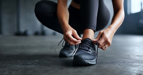 Woman Tying Running Shoe Laces Fitness Workout Gym Exercise