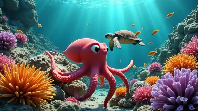 Adorable Octopus and Sea Turtle in Vibrant Coral Reef Video