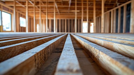 Fototapeta premium Close up of edge nailing pattern during floor sheathing install visible marking chalk lines carpentry accuracy