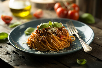Fresh Spaghetti Bolognese Topped with Basil on Blue Plate Rustic Wooden Table