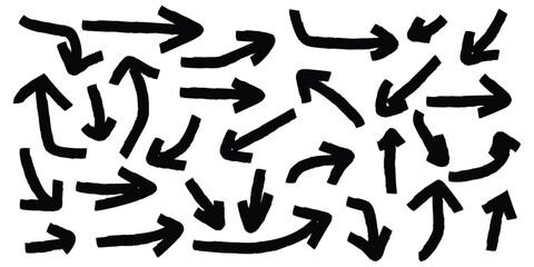 Hand drawn arrow brush stroke  set. Scribble symbols of direction pointers, swirl arrow elements for infographic design. Set of Hand drawn vector arrows doodle on white background.