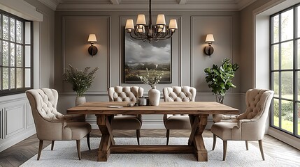 Transitional style dining room with natural light and decorative accents high resolution photo