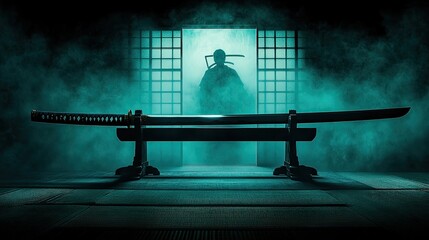 Samurai sword in misty dojo