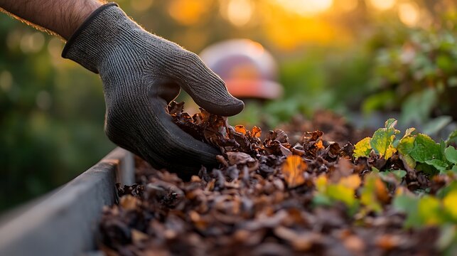 close up of gloved hands picking up leftover wood shavings from rooftop structure, safety helmet slightly out of focus in the background, detailed textures of timber, soft golden hour lighting,