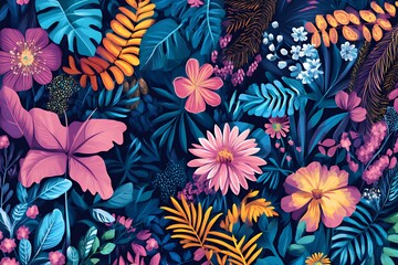 Vibrant floral pattern featuring pink hibiscus, orange fern, and blue monstera leaves on a dark background. A colorful and lush botanical illustration.