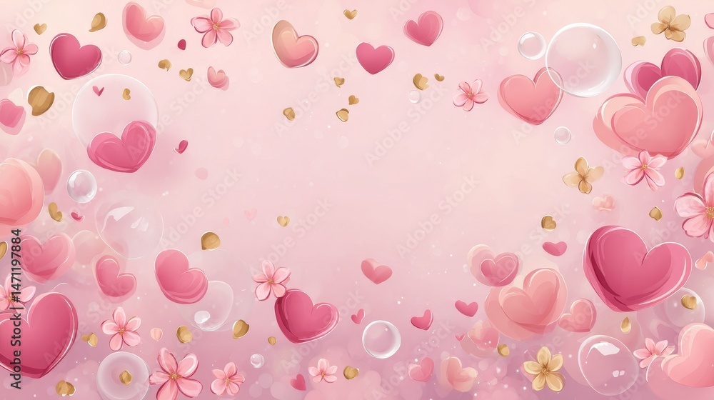 Aufkleber soft pink background with floating hearts and translucent bubbles, creating a romantic and elegant v