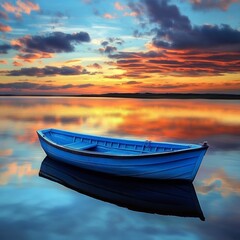 Fototapeta premium Serene sunset on a tranquil lake with a small boat