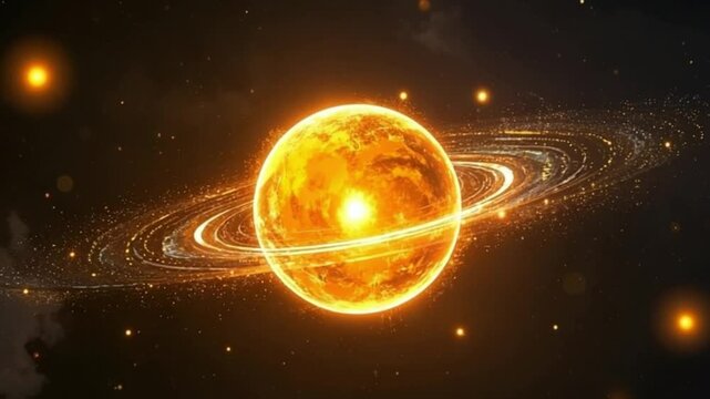 3D illustration of a glowing, fiery sun-like planet surrounded by planetary rings, set against a starry cosmic background; highly detailed, photorealistic, cinematic lighting, video download.