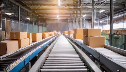 Fototapeta premium Cardboard Boxes, Parcels, Mail and Packages are Transported on an Automatic Conveyor line