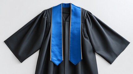 Neatly arranged graduation gown and stole on white tabletop
